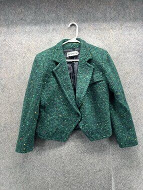 Vintage Guy Laroche Blazer Womens 38 Green Herringbone Wool Lined Jacket France